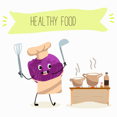 Illustration with funny characters cabbage, red cabbage. Funny and healthy food. Vitamins, cute face food, ingredients, vegetarianism, vector cartoon, antioxidant.