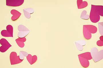 Composition with paper hearts on color background. Valentines Day celebration