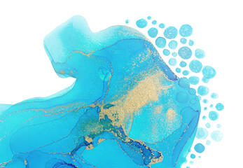 Abstract blue watercolor pattern with drops, blobs and golden parts in sea style