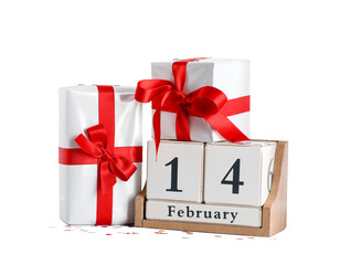 Gift boxes with beautiful bows and cube calendar with date 14 FEBRUARY isolated on white background. Valentine's Day celebration