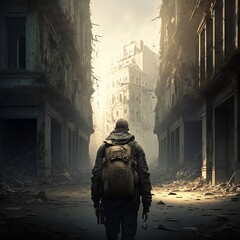 A man walks through a devastated city after the war