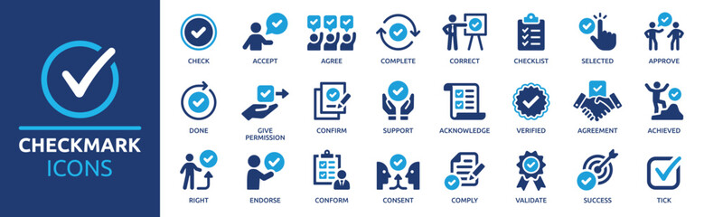Checkmark icon set. Containing check, accept, agree, selected, confirm, approve, correct, complete, checklist, and verified icons. Solid icon collection. - obrazy, fototapety, plakaty