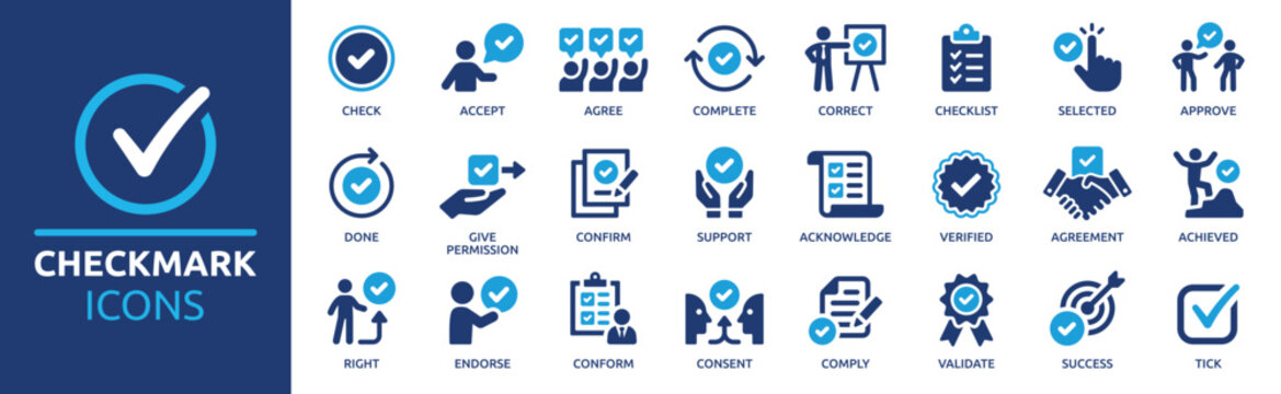 Checkmark icon set. Containing check, accept, agree, selected, confirm, approve, correct, complete, checklist, and verified icons. Solid icon collection.