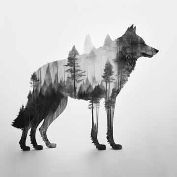 Double Exposure Image of a Wolf and Forest, Generative AI