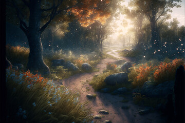 Obraz na płótnie Canvas Mysterious magical forest with mystic lights