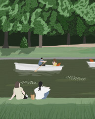 People take a rest at the lake : boating people
