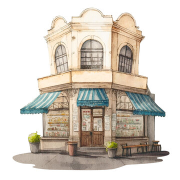Store front cafe restaurant vintage retro old town watercolor painting illustration