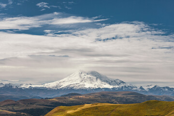 A view on Elbrus mountain and Malka river valley. Dzhili-Su, Republic of Kabardino-Balkaria