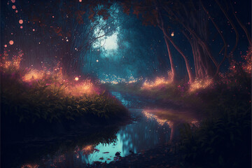 Mysterious forest river with magical lights