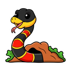 Cute happy coral snake cartoon out from hole