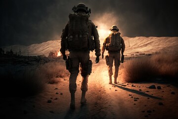 Back view Soldiers walking on the battlefield. Generative AI
