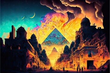 Fototapeta na wymiar Psychedelic City, With Lisergic visions between desert, pyramids, magic, and mysteries in ancient egypt, with full color design, Generative Ai