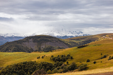 A view on Elbrus mountain and Malka river valley. Dzhili-Su, Republic of Kabardino-Balkaria