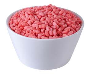 Delicious and nutritious strawberry-flavored, crisped rice cereal, served in a beautiful French Cafe au Lait Bowl. A little pile of sweetened corn cereals shaped like strawberry rice.