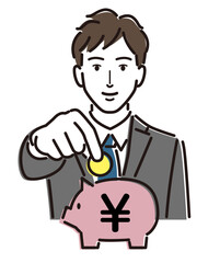 ブタの貯金箱にお金を入れるビジネスマン