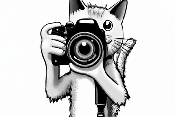 black and white graphic illustration of a photographer cat