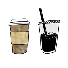 テイクアウト　ホットコーヒー　アイスコーヒー　水彩イラスト