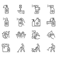 Set of vector icons related to disinfection and cleaning. Vector illustrations of icons such as hand wash, hand sanitizer and more with editable black outline. perfect for template symbols, designs, a