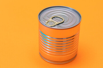 Unopened Tin Can with Blank Edge on Orange Background. Canned Food. Aluminum Can for Safe and Long Term Storage of Food. Steel Sealed Food Storage Container