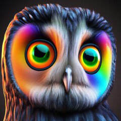Naklejka premium Illustration of a wide eyed owl with bright rainbow eyes (created with Generative AI)