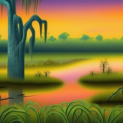 Colorful swamp landscape at sunset with single old tree with sawgrass. Generative AI art style illustration