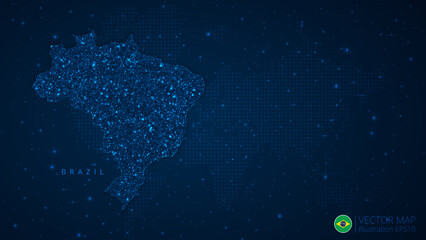 Map of Brazil modern design with polygonal shapes on dark blue background. Business wireframe mesh spheres from flying debris. Blue structure style vector illustration concept
