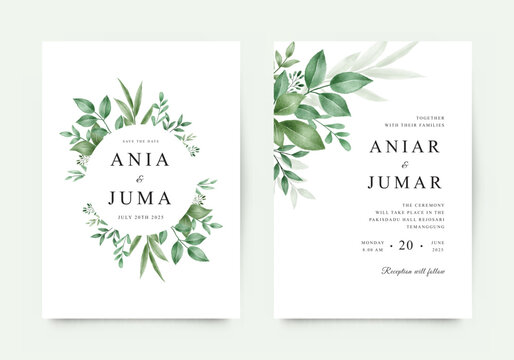 Minimalist wedding invitation template with green leaves