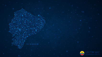 Fototapeta na wymiar Map of Ecuador modern design with polygonal shapes on dark blue background. Business wireframe mesh spheres from flying debris. Blue structure style vector illustration concept