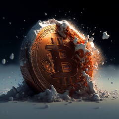 golden bitcoin coin on snow, winter and cold, bear market
