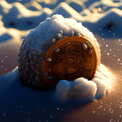 golden bitcoin, conceptual image for crypto currency bear market, winter and snow
