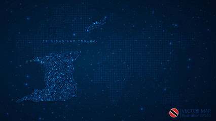 Fototapeta na wymiar Map of Trinidad and Tobago modern design with polygonal shapes on dark blue background. Business wireframe mesh spheres from flying debris. Blue structure style vector illustration concept