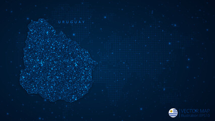 Map of Uruguay modern design with polygonal shapes on dark blue background. Business wireframe mesh spheres from flying debris. Blue structure style vector illustration concept