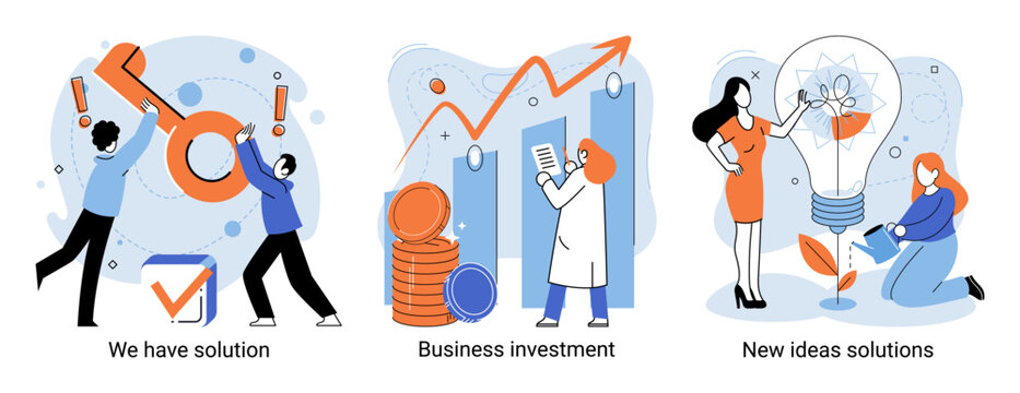 We have solution metaphor, business investment, new ideas solution scenes set. Teamwork and brainstorming. Team and new startup. Leadership and financial activities. Concept joint search for new ideas