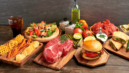 Stake with salad and burger table