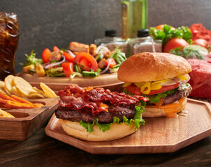 Bacon burger and salad meal
