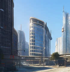 Obraz premium Modern Sci-Fi Cyberpunk City Under Bright Blue Sky Generative AI illustration
