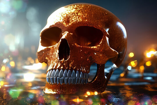 Shiny Gold Skull, Silver Teeth, Colorful Bokeh and lights - Generative AI illustration