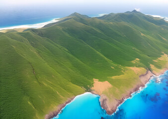 Birds Eye, Plane View of Green Mountainous Peninsula Jutting into Ocean Generative AI illustration