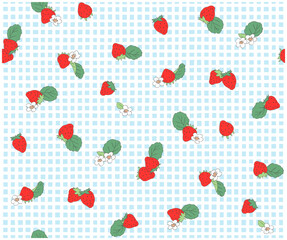 苺とチェックのレトロポップなパターン-シームレス-手描き