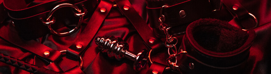 metal anal plug, handcuffs, whip, choker and mask for role-playing erotic games. Set of toys for BDSM sex - obrazy, fototapety, plakaty