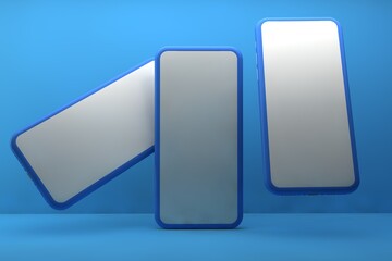 Smartphones with blank screens on blue background. 3D rendering.
