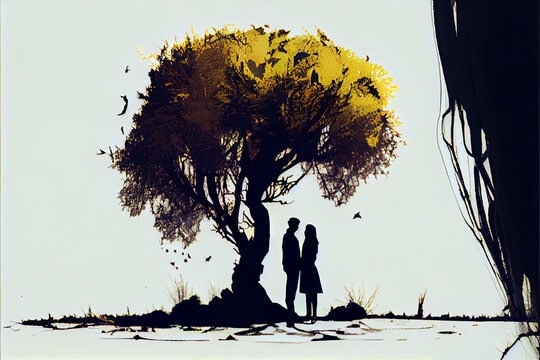 A lover couple standing below the tree in painting style. Generative AI illustration