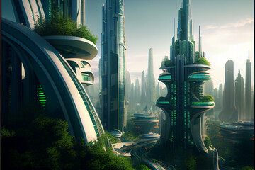 Fototapeta na wymiar Beautiful skyscrapers high street with futuristic contemporary buildings. Generative AI illustration