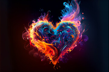 Colorful and passionate heart of fire isolated on black background. Generative AI illustration