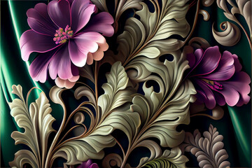 Wonderful vintage flowers pattern isolated on green fabric background. Generative AI illustration