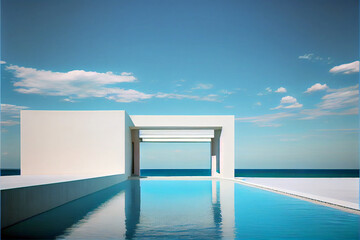 Breathtaking residential villa. Modern architecture with swimming pool and sea view. Generative AI illustration