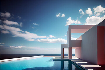 Fototapeta na wymiar Beautiful residential villa. Modern architecture with swimming pool and sea view. Generative AI illustration