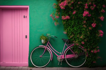 pink bicycle in front of a green wall with pink door. Generative AI. 
