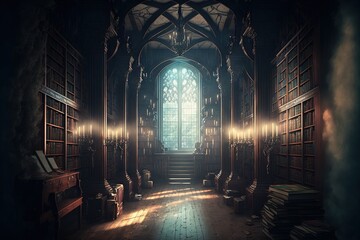 Naklejka premium fantasy library in cozy cathedral environment. Generative AI