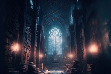 fantasy library in cozy cathedral environment. Generative AI